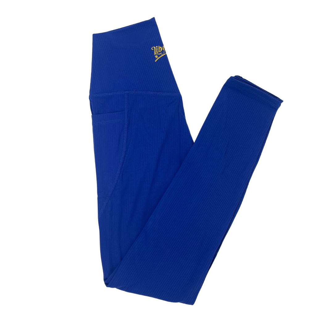 ROYAL BLUE RIBBED 25" LIFESTYLE LEGGINGS  HIGH RISE WITH POCKETS - LIBERTE LIFESTYLES