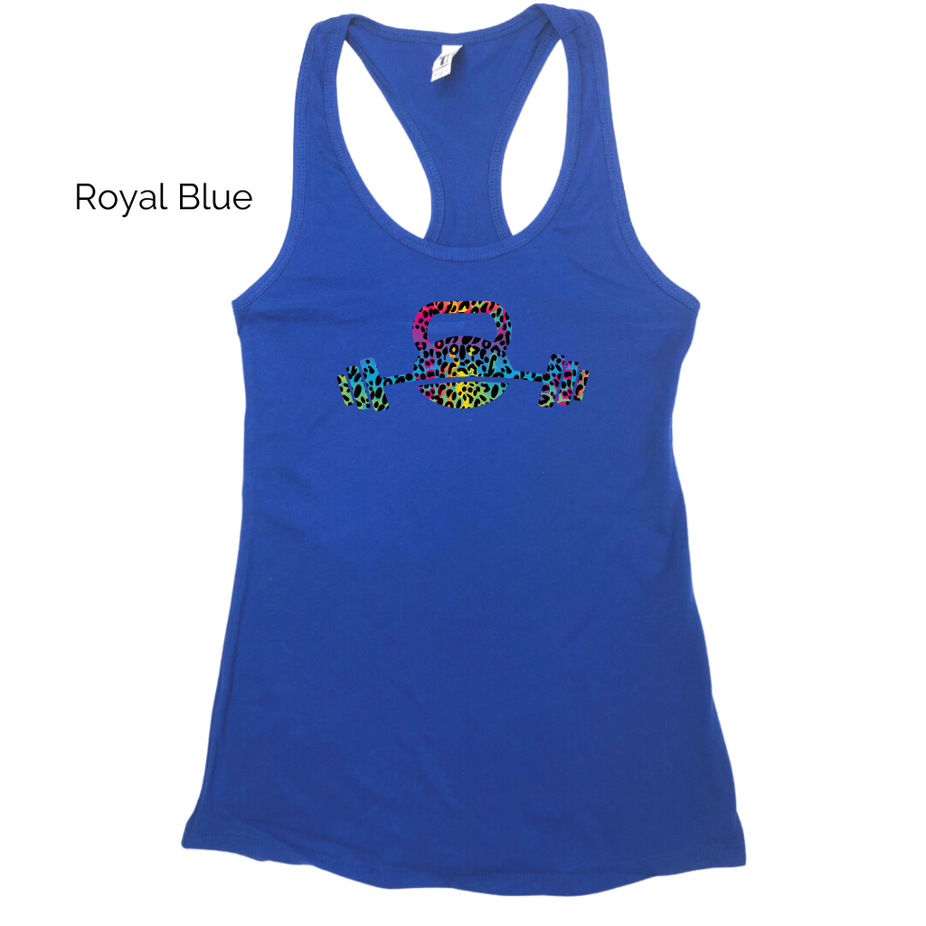 Kettlebell racerback tank - Liberte Lifestyles Fitness workout tanks - Rainbow leopard tank