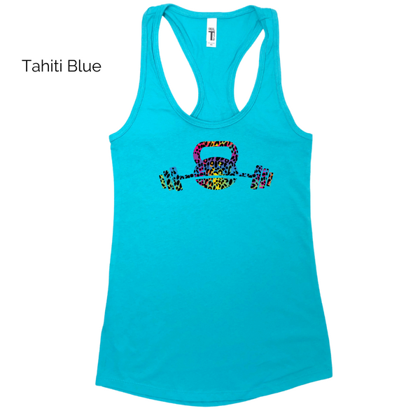 Kettlebell racerback tank - Liberte Lifestyles Fitness workout tanks - Rainbow leopard tank