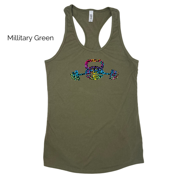Kettlebell racerback tank - Liberte Lifestyles Fitness workout tanks - Rainbow leopard tank
